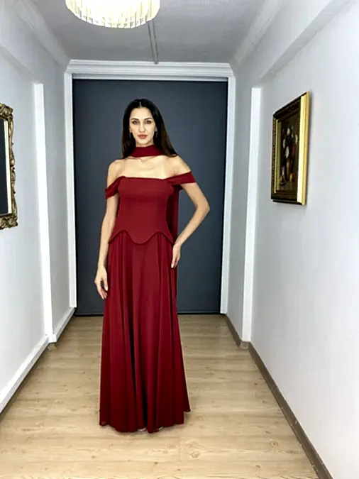 Bordo Askılı Straplez Bel Korsajlı Üst Krep Alt Şifon Uzun Abiye Elbise