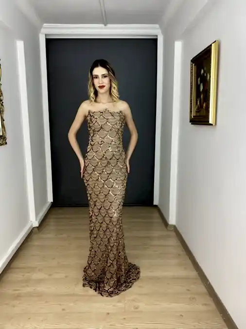 Lacivert Staplez Pul Payet Balık Uzun Abiye Elbise