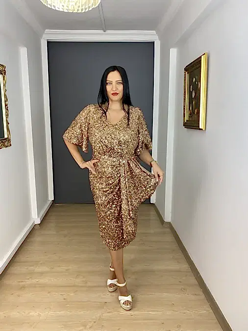 Bakır Payet Büyük Beden V Yaka Kısa Abiye Elbise