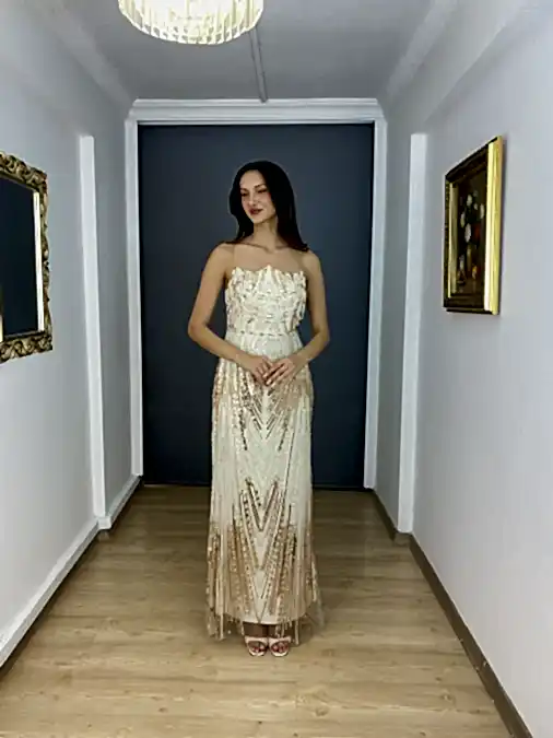 Bakır Straplez Pul Payet Uzun Abiye Elbise 