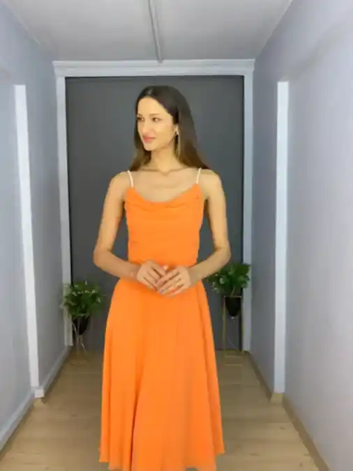 Orange Kısa Şifon Sırtı Bağlamalı Abiye Elbise