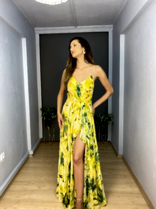 Sarı Ucuş Ucuş Şifon İnce Askılı Yırtmaçlı Uzun Abiye