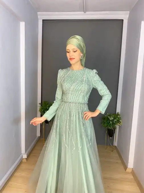 Mint Tesettür Tül Sim Şerit Detaylı Uzun Abiye Elbise