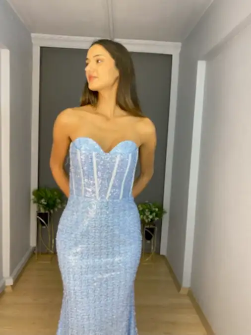 Bebe Mavisi Straplez Taş Boncuk Detaylı Balen Korse Uzun Abiye Elbise