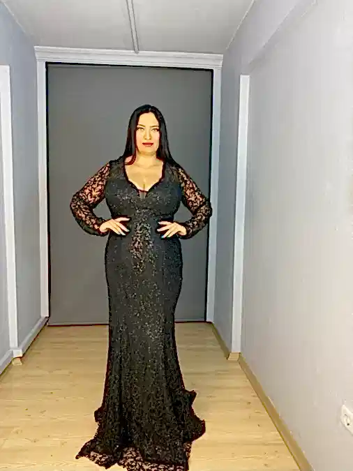 Siyah Büyük Beden Uzun Kollu V Yaka Balık Abiye Elbise