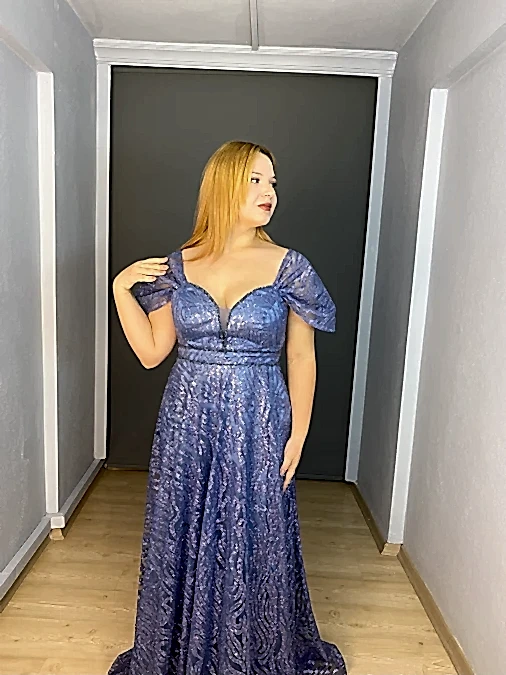 İndigo Büyük Beden Madonna Yaka Simli Bel Yaka Boncuk Detaylı Abiye Elbise