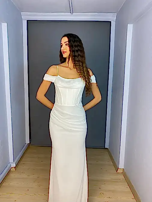 Ekru Madonna Yaka Bel Korsajlı  Balık Abiye Elbise 