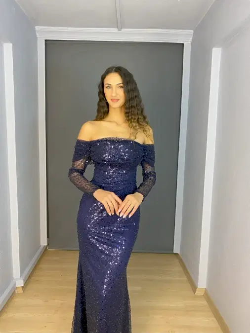 Lacivert Madonna Yaka Uzun Kollu Sırtı Bağlamalı  Balık Uzun Abiye Elbise