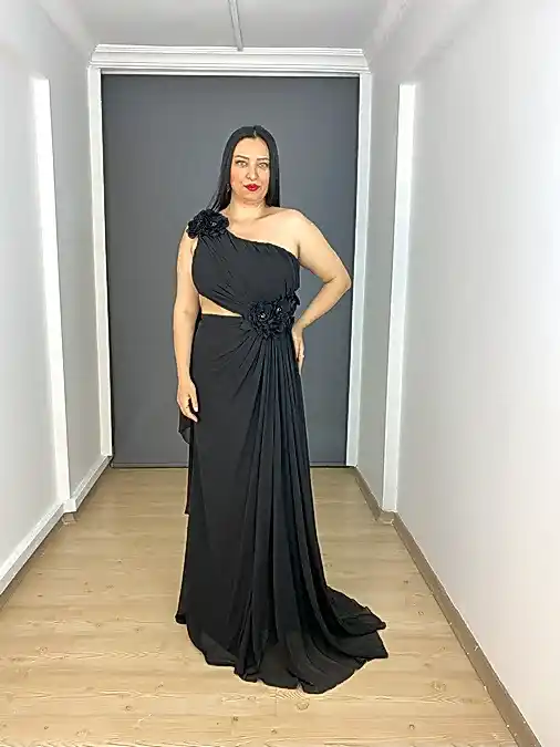 Siyah Büyük Beden Tek Omuz Çiçekli Uzun Abiye Elbise 
