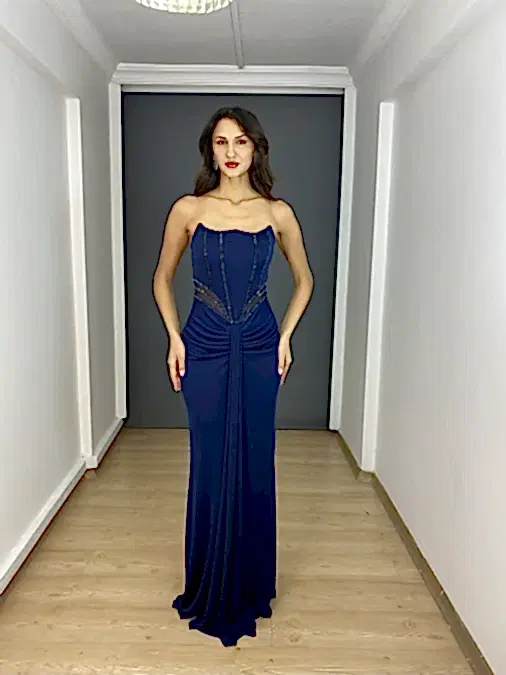Lacivert Starplez Bel Transparan Boncuk İşli Ön Drapeli Uzun Abiye Elbise