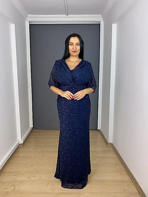 Lacivert Büyük Beden Yarım Kollu V Yaka Uzun Abiye Elbise