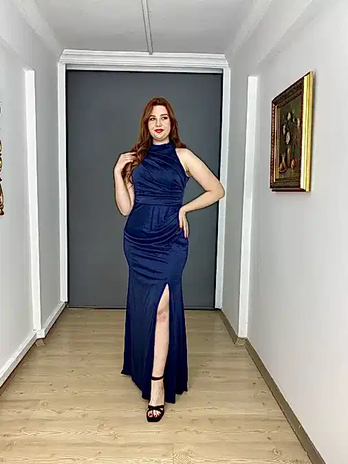 Lacivert Büyük Beden Dik Yaka  Likralı Simli Uzun Abiye Elbise