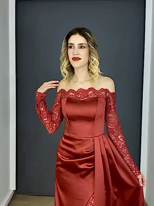 Bordo Saten Kayık Yaka Dantel Uzun Kollu Uzun Abiye Elbise