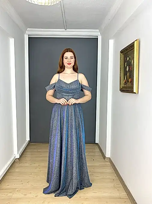 İndigo Büyük Beden A Kesim Sırtı Bağlamalı Simli Uzun Abiye Elbise