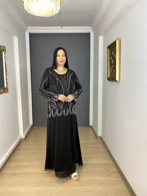İndigo Büyük Beden Uzun Kollu Üst Taş İşlemeli Uzun Abiye Elbise