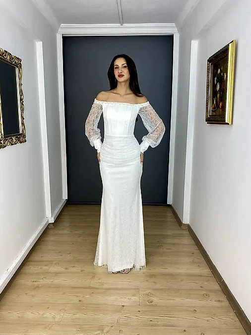 Beyaz Kayık Yaka Uzun Kollu Dantel Balık Uzun Abiye Elbise 