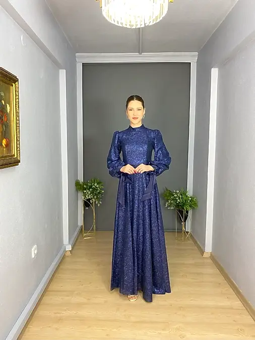 Lacivert Tesettür  Simli Kol Bel Detayı Saten Kurdelalı Abiye Elbise 