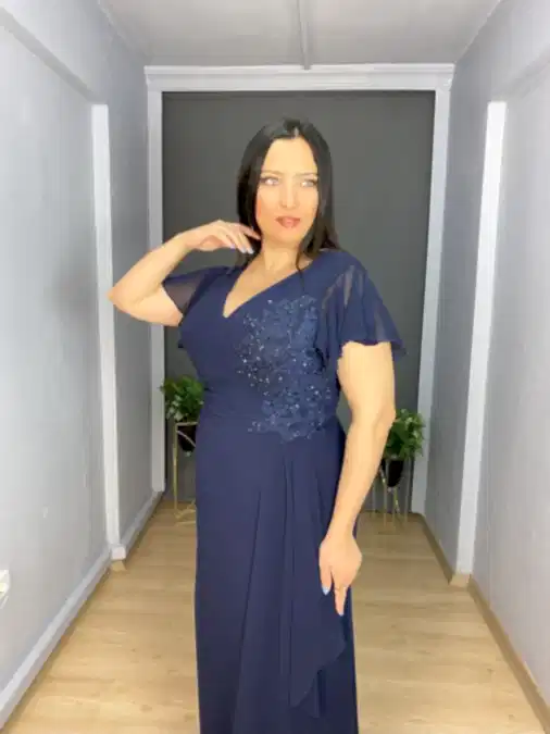 Büyük Beden Lacivert Yan Detay  Motif İşli Şifon Uzun Abiye