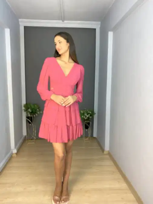 Fuşya Sırt Dekolteli Uzun Kollu Etek Kat Kat Şifon Kısa Abiye Elbise