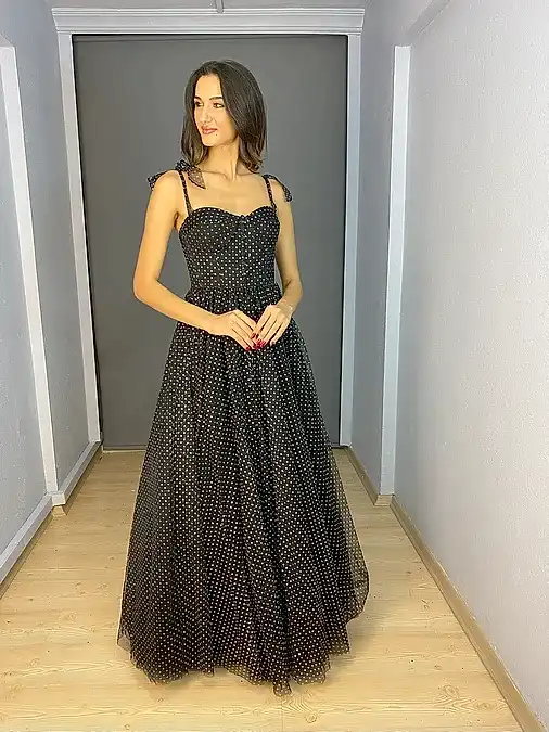 Siyah Simli Tül Askılı Bel Korsajlı Uzun Abiye Elbise 