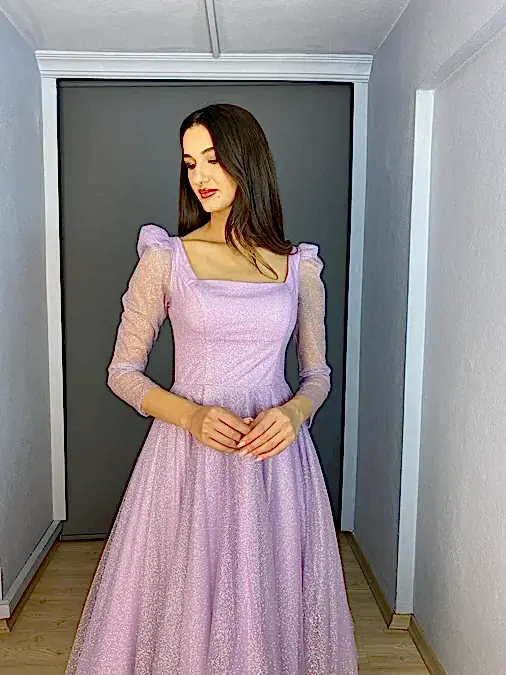 Lila Midi Kare Yaka Uzun Kollu Simli Tül Abiye Elbise