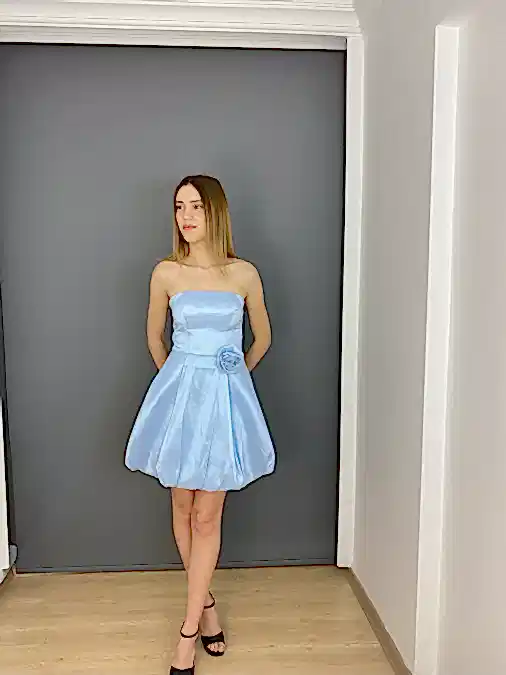 Lacivert Straplez Balon Etek Yan Gül Detaylı Kısa Abiye Elbise