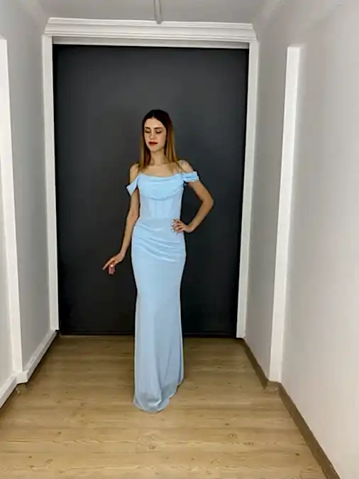 Bebe Mavisi Madonna Yaka Bel Korsajlı  Balık Abiye Elbise 