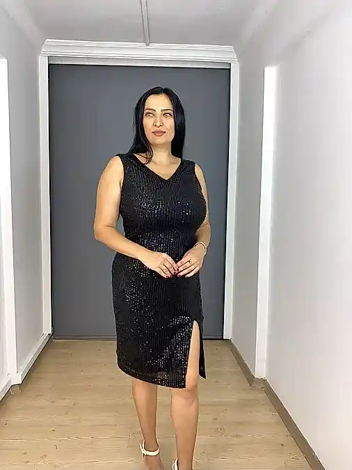 Lacivert Büyük Beden Payet Likralı V Yaka Kısa Abiye Elbise
