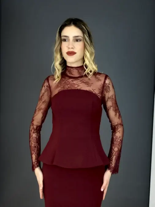 BORDO Dik Yaka Uzun Kollu Datel Detaylı Balık Uzun Abiye Elbise