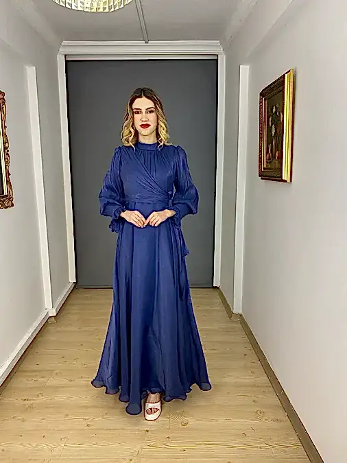 Lacivert Tesettür A Kesim Ön Detaylı Uzun Abiye Elbise