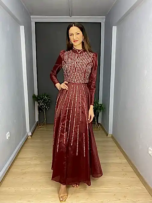 Bordo Tesettür Ön Etek Sim Şerit Detaylı Abiye Elbise