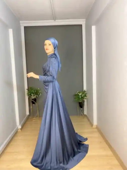 İndigo Tesettür Saten Ön Drape Sim Detaylı Abiye Elbise