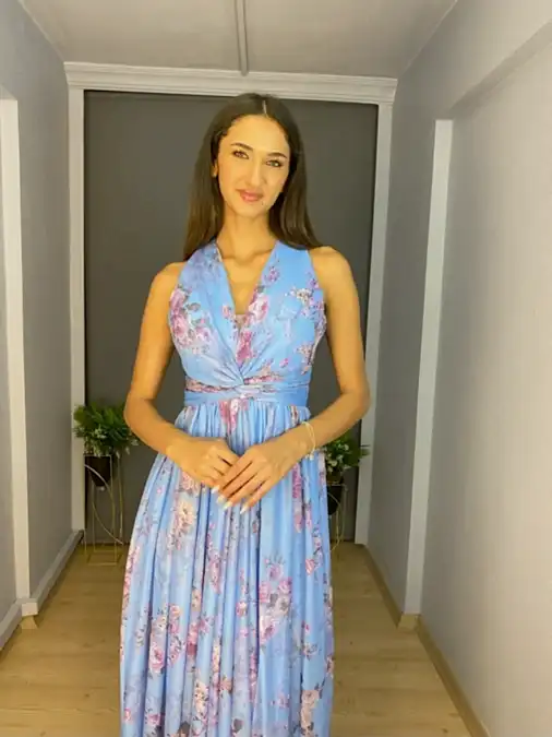 Bebe Mavisi Empirme Desen Sırt Dekolteli Uzun Abiye Elbise