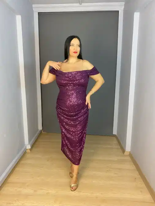 Beyaz Midi Büyük Beden Payet Madonna Yaka Abiye Elbise
