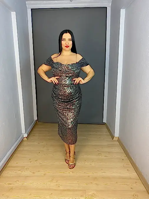 Beyaz Midi Büyük Beden Payet Madonna Yaka Abiye Elbise