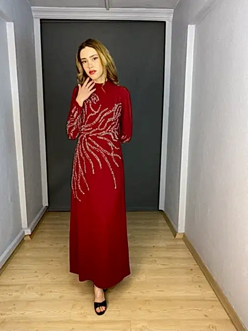 Bordo Ön Kol Sim Detaylı Sıfır Yaka Tesettür Abiye Elbise