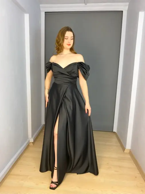 Siyah Saten Madonna Yaka Büyük Beden Abiye Elbise