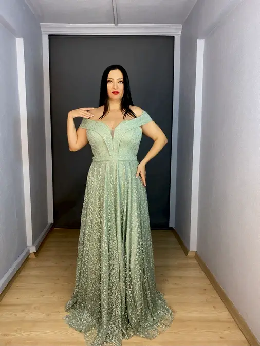 Mint Büyük Beden Madonna Yaka Simli Kloş Uzun Abiye Elbise