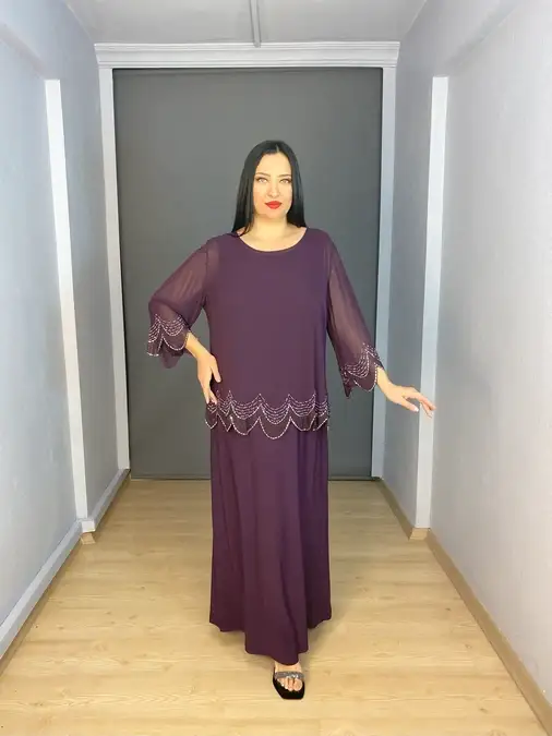 Mürdüm Büyük Beden İkili İç Likralı Üst Şifon Uzun Abiye Elbise