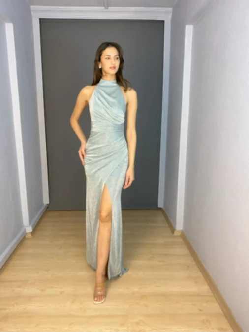 Mint  Stefani Yaka Simli Esnek Kumaş Yırtmaçlı Uzun Abiye Elbise