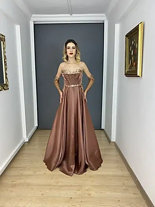 Kahverengi Tasarım Straplez Pul İşlemeli Eldivenli Uzun Abiye Elbise