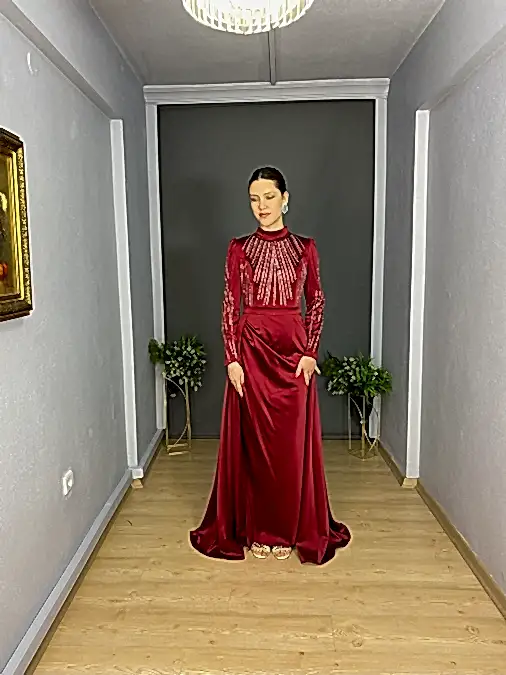 Kırmızı Tesettür Saten Ön Sim Şerit Detaylı Abiye Elbise