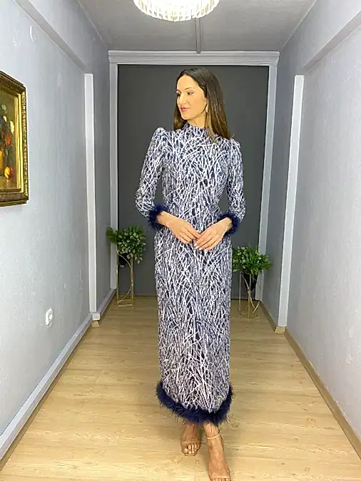 Lacivert Tesettür Kol Etek Ucu Tüylü Abiye Elbise
