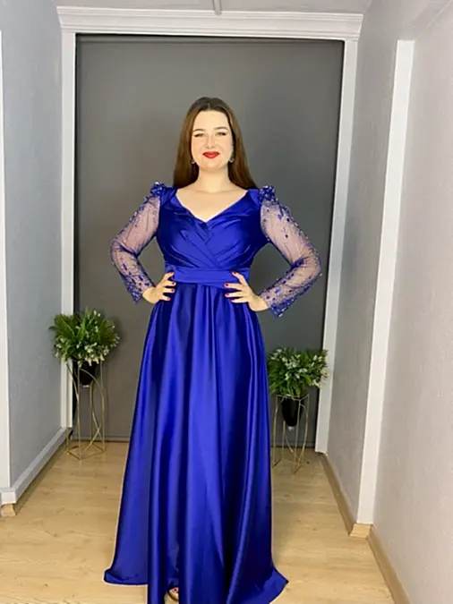 Sax  Büyük Beden Saten Transparan Kol Taş İşli Uzun Abiye Elbise