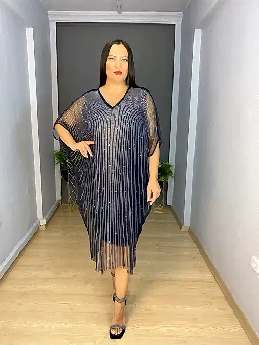 Lacivert  Büyük Beden Yarasa Kol İçi Esnek Üst Taş Detaylı Tül Kısa Abiye Elbise