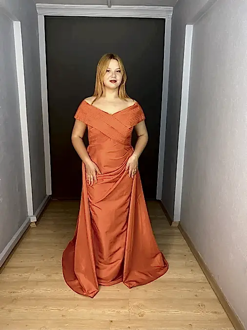 Orange Büyük Beden Madonna Yaka Tafta Kumaş Uzun Abiye Elbise