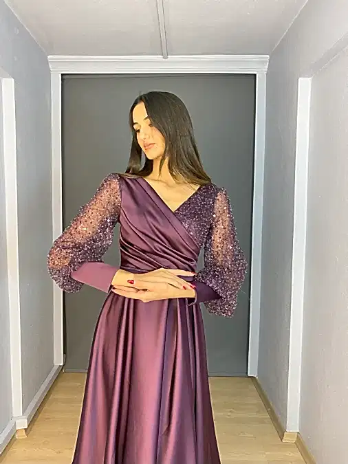 Mürdüm Midi Saten Uzun Kollu Kloş Abiye Elbise
