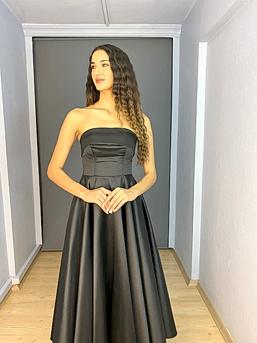 Bej Midi Saten Straplez Cep Detaylı Abiye Elbise