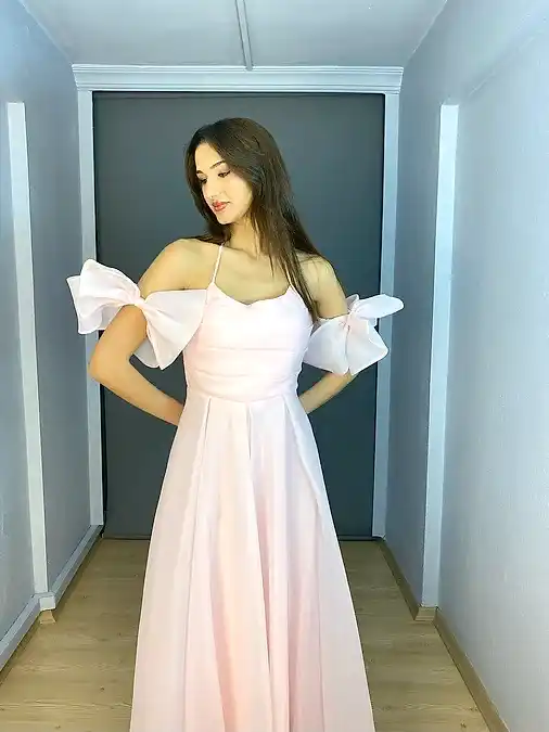 Pudra Organze Ön Drape Boyundan Bağlamalı Kloş Uzun Abiye Elbise