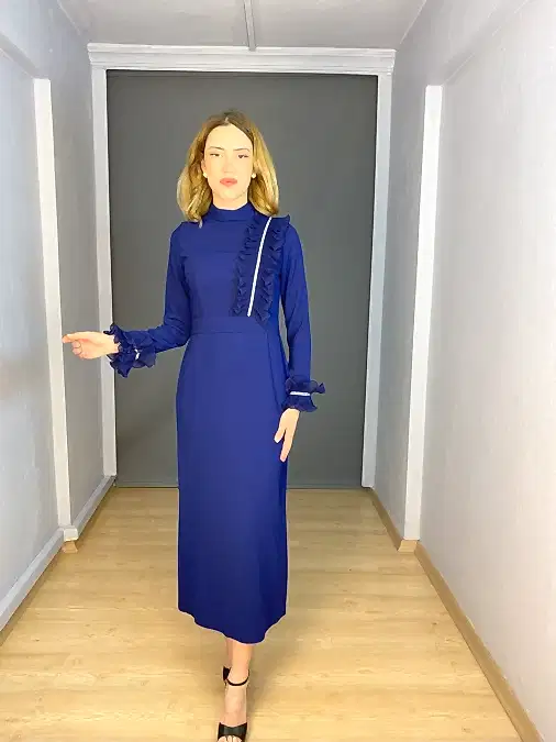 Lacivert Tesettür Kol Omuz Şerit Detaylı Kalem Abiye Elbise 
